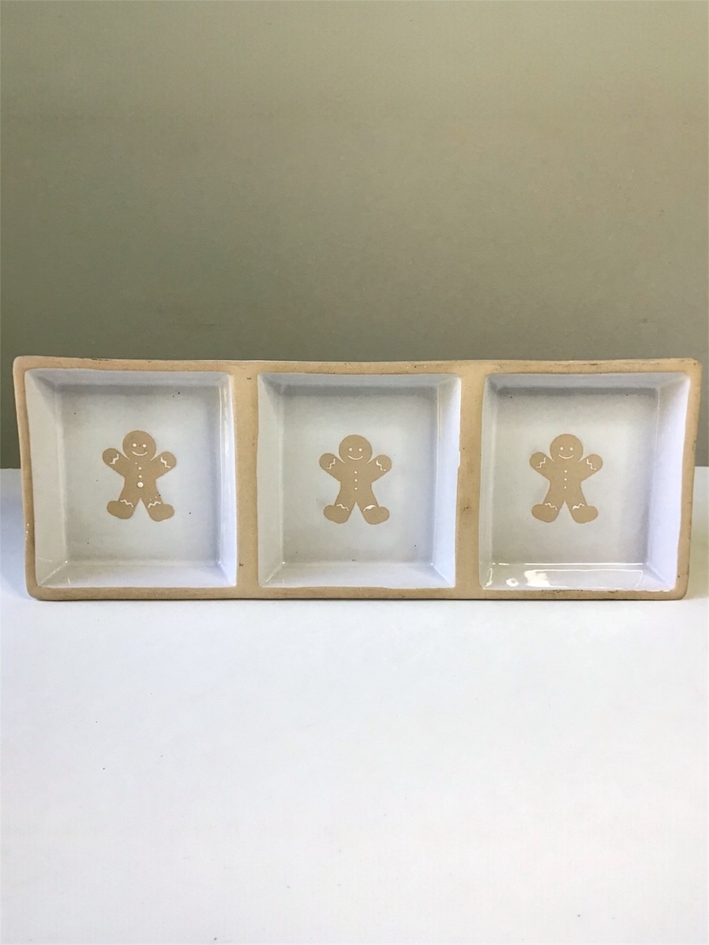 Primitives by Kathy Gingerbread Man Tidbit Tray Divided Stoneware Serving Dish